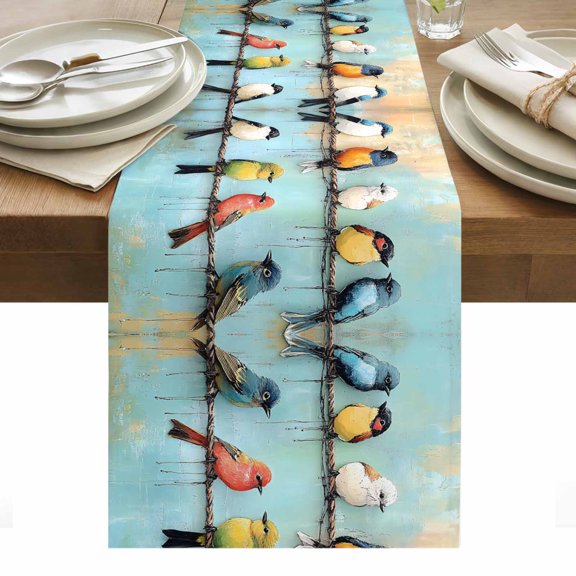 Abstract Birds Table Runner 13 x 36 Inch, Singing Birds Washable Cotton Linen Dining Table Runner Tabletop Decorations for Restaurant Home Kitchen Party