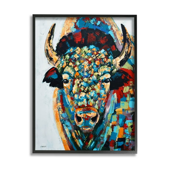 Abstract Bison Kaleidoscopic Strokes Animals & Insects Painting Black Framed Art Print Wall Art
