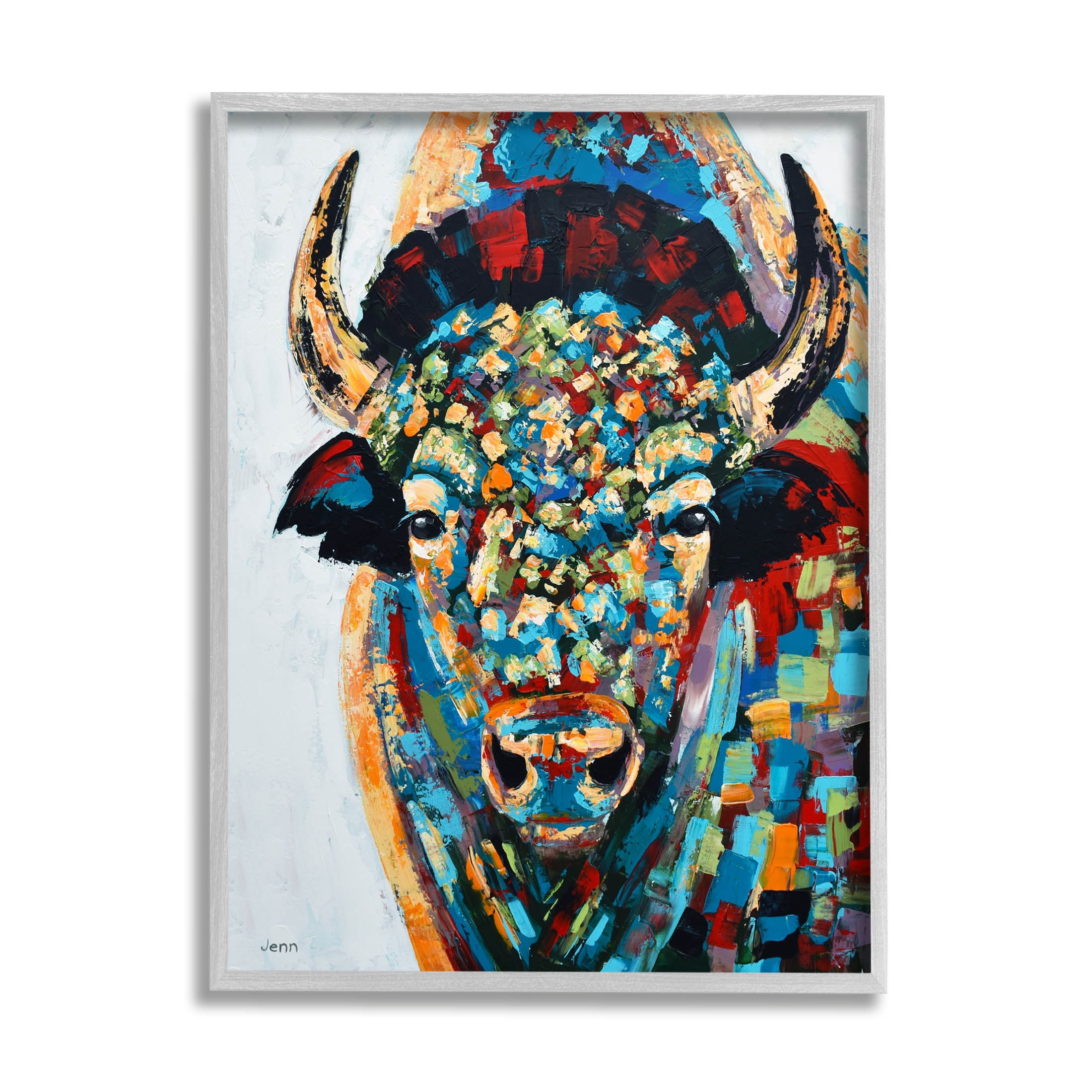 Abstract Bison Kaleidoscopic Strokes Animals & Insects Painting Gray Framed Art Print Wall Art