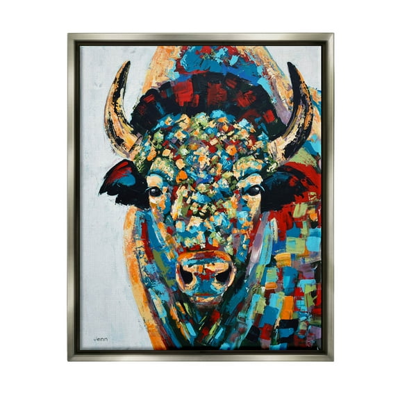 Abstract Bison Kaleidoscopic Strokes Animals & Insects Painting Luster Gray Framed Art Print Wall Art