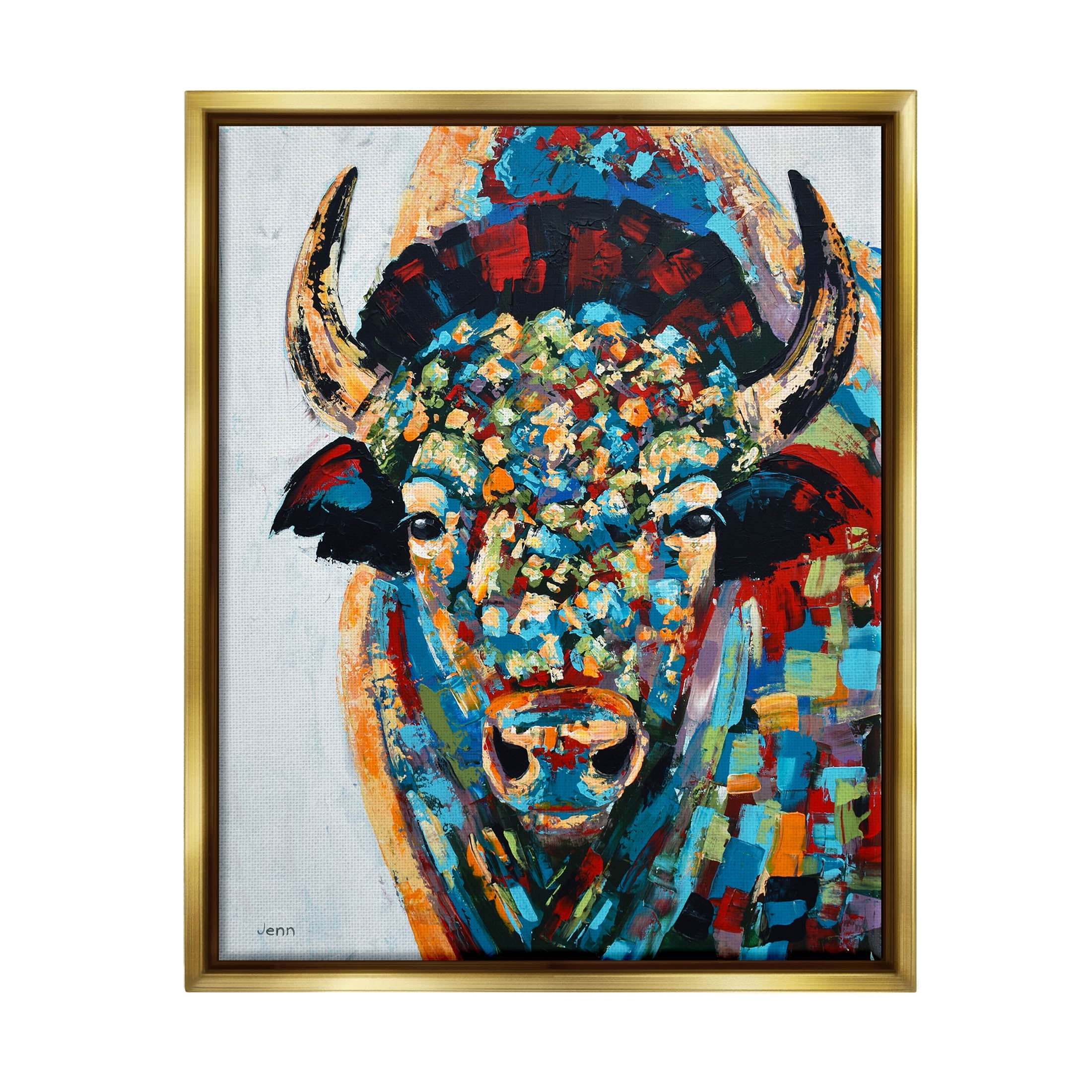 Abstract Bison Kaleidoscopic Strokes Animals & Insects Painting Metallic Gold Framed Art Print Wall Art