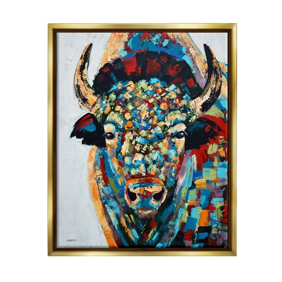 Abstract Bison Kaleidoscopic Strokes Animals & Insects Painting Metallic Gold Framed Art Print Wall Art