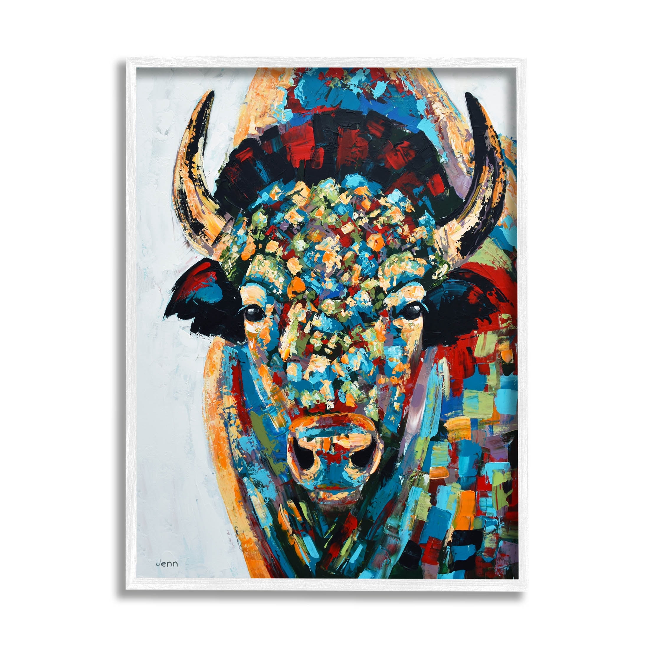 Abstract Bison Kaleidoscopic Strokes Animals & Insects Painting White Framed Art Print Wall Art