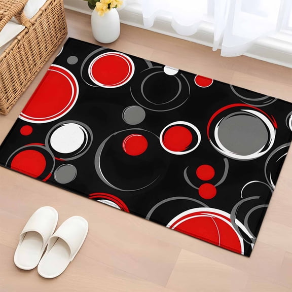 Abstract Black 2'x3' Washable Rug, Modern Geometric Red Grey White Circle Non-Slip Soft Doormat Area Rugs for Entrance Bathroom Bedsides, Front Doormat Carpet for Kitchen Bedroom, Entryway Floor Mat