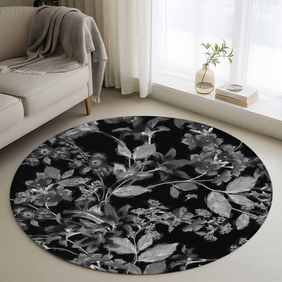 Abstract Black 4FT Round Area Rugs for Living Room and White Flowers ...