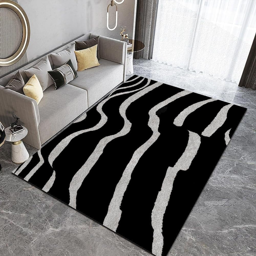 Abstract Black And White Irregular Striped Area Rug, Modern Design Non