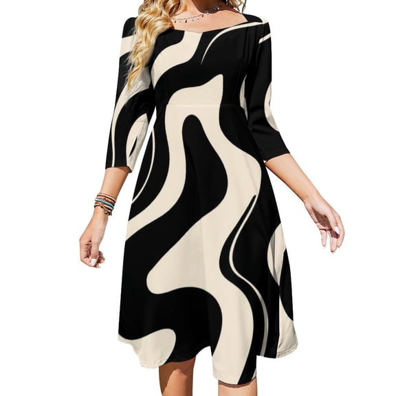 Abstract Black And White Swirls Womens Summer Dress Tie Back A Line Flare Dress