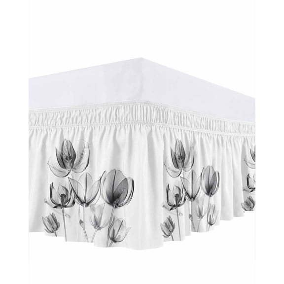 Abstract Black Bed Skirt King Size 16" Drop Laser Tulip Flowers White Texture Ruffled Wrap Around Bed Skirts Adjustable Elastic Bedskirt Dust Ruffle for King Size Bed