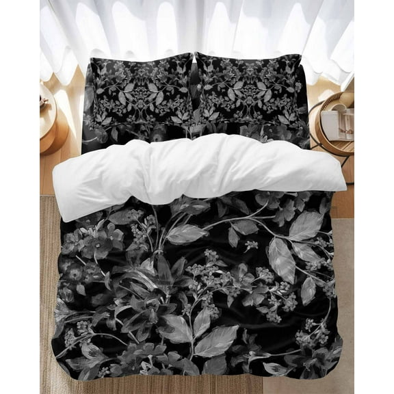 Abstract Black Bedding Duvet Cover Set Full Size 4 Pieces and White Flowers with Leaves Bedding Set with Zipper Closure, 1 Comforter Cover 86x86 Inches 1 Flat Sheet & 2 Pillow Cases