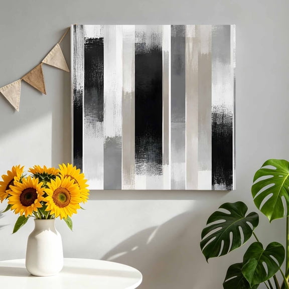 Abstract Black Beige Canvas Wall Art Framed Wall Decor for Living Room Bedroom Bathroom, Minimalist Paint Stripe Canvas Texture Canvas Pictures Ready to Hang Decor, 8"x8"