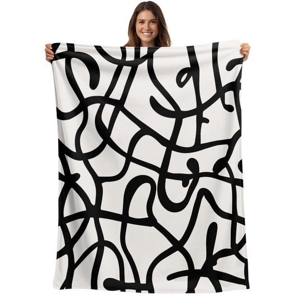 Abstract Black Blanket Soft Cozy Warm Throw Blanket for Couch, Plush Fuzzy Flannel Blankets for Sofa, Bold Lines Modern Vines Swirls Graphic Bed Blankets Lightweight Gifts for Women, 50"x60"