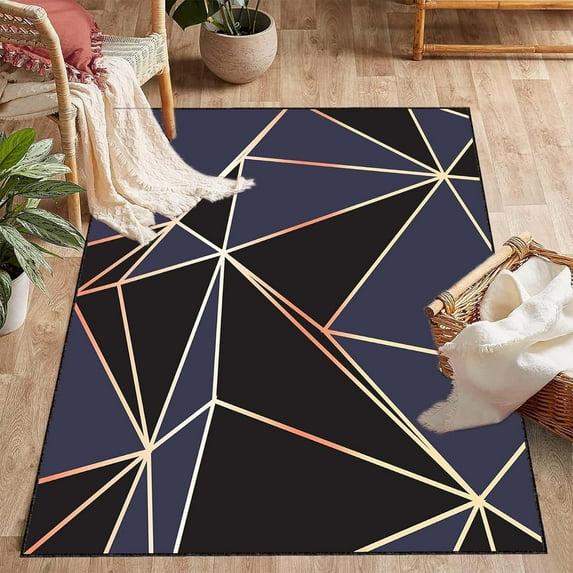 Abstract Black Blue Area Rug, Poly Design Rug, Geometric Rug, Abstract Rug, Gold Patterned Rug 3x4ft