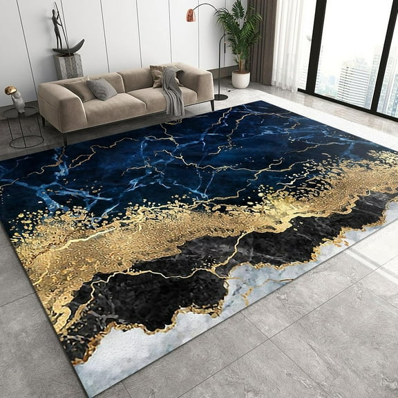 Abstract Black Blue Gold Marble Texture Area Rugs, 4x6 Nordic Luxury Carpet, Anti-Slip Washable Foldable Durable Easy Clean Indoor Outdoor Mat