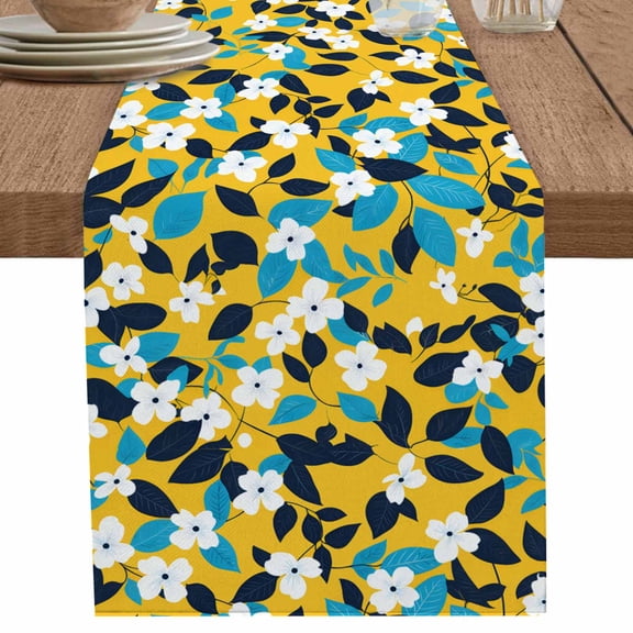 Abstract Black Blue Leaves Flower Table Runner-36 Inch Long Summer Floral Table Runners Linen Burlap Tablerunner for Kitchen Dining Room Holiday Party