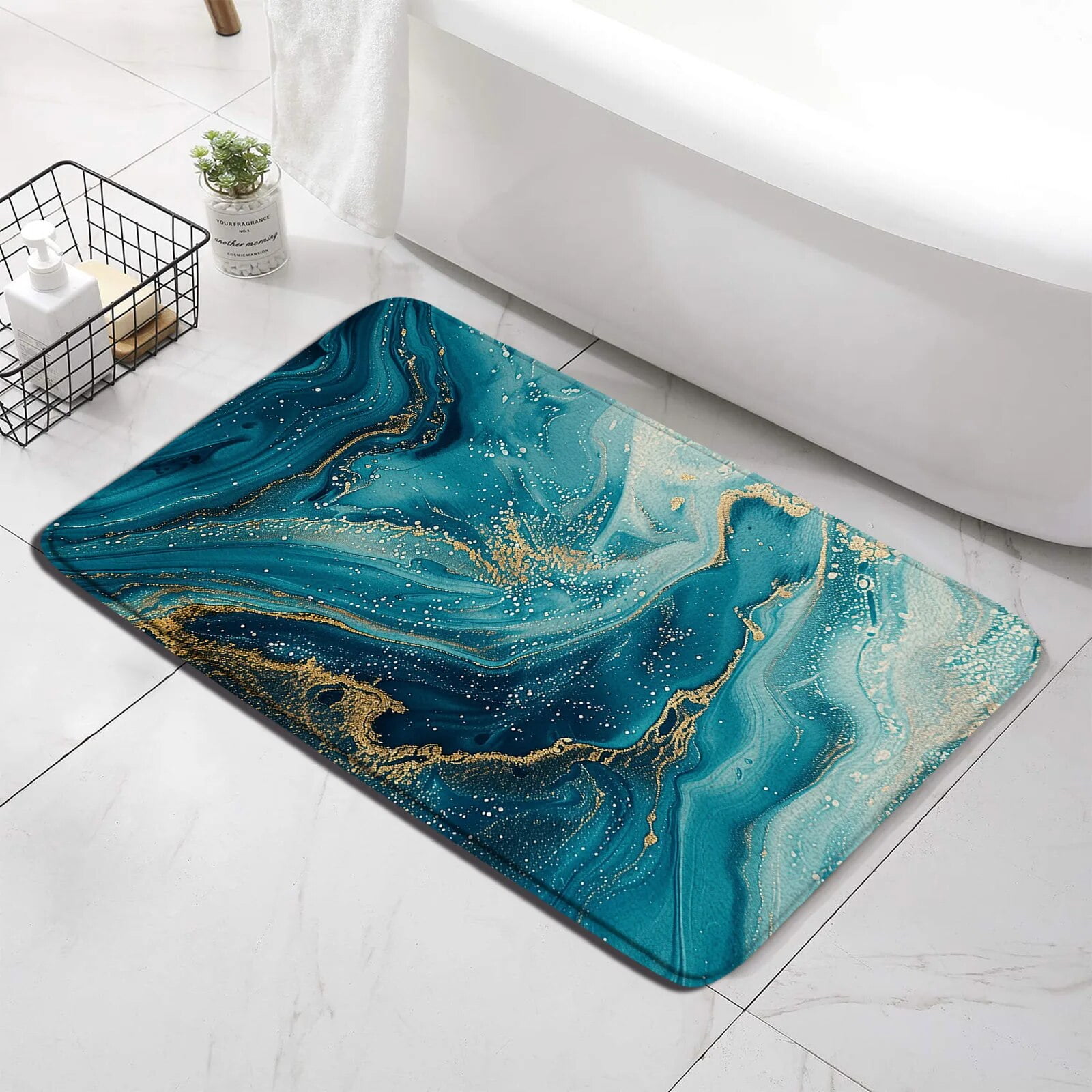 Abstract Black Blue Marble Bath Mat Set Gold Textured Modern Geometric ...