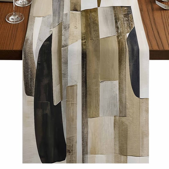 Abstract Black Brown 70 Inch Table Runner, Oil Painting Color Blocks Farmhouse Dresser Scarf Cotton & Linen Tablerunner for Dining/Kitchen Island/Holiday Party Décor 13" x 70"