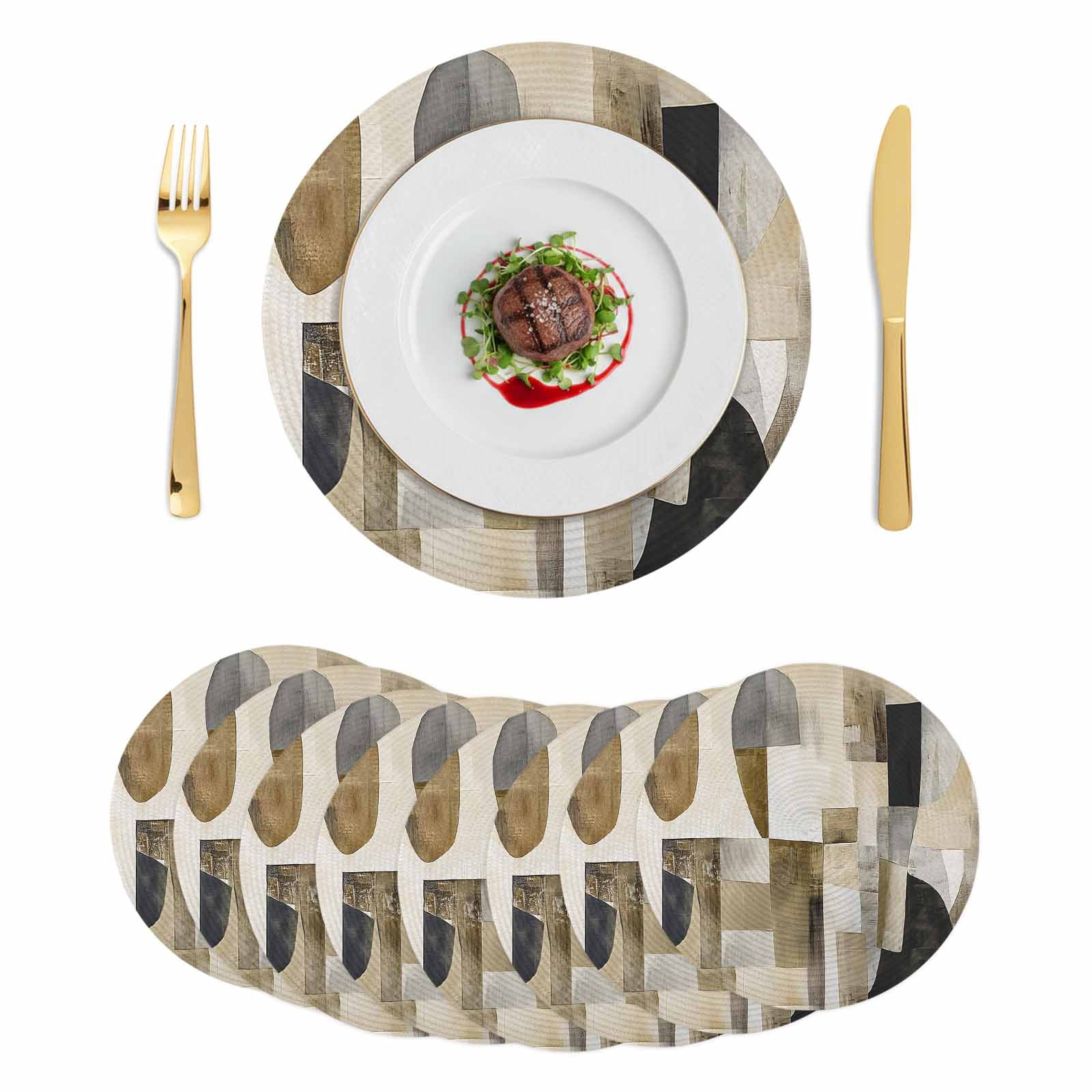 Abstract Black Brown Round Placemats Set of 8 Oil Painting Color Blocks ...