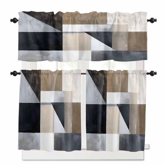 Abstract Black Brown White Kitchen Curtains Valances and Tiers Set of 3, 36 Inch Length Tier Curtains and Valance Rod Pocket Valance Curtains Set for Kitchen Bathroom Small Windows