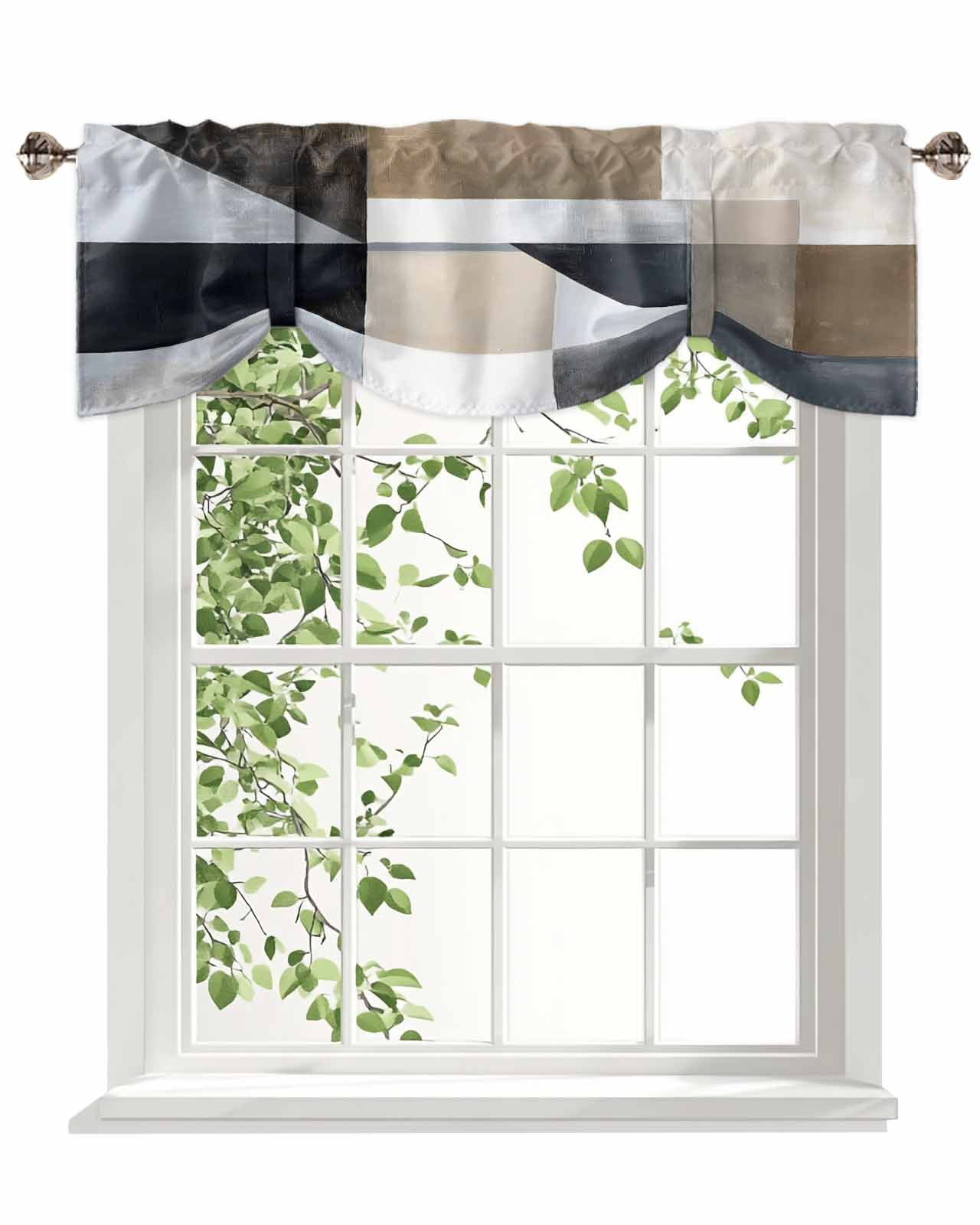 Abstract Black Brown White Tie Up Valances Curtain, Modern Art Brown Grey Kitchen Valances for Windows Decor, Rod Pocket Short Curtains Set for Bedroom/Bathroom, 60"x18"