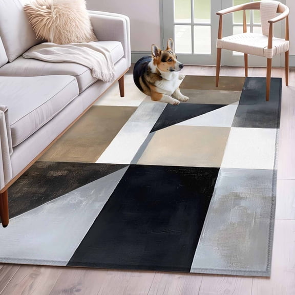 Abstract Black Brown White Washable Area Rug 4x6 Modern Art Brown Grey Low-Profile Large Area Rugs with Non Slip Backing Indoor Floor Carpet for Entrance Living Room Bedroom Home Office
