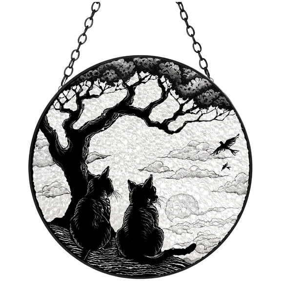 Abstract Black Cat Couple Under Tree Stained Glass Suncatcher Handmade Window Hanging Colored Glass Suncatcher Crafts Kits for Indoor Garden Decor Memorial Gift 16x16cm