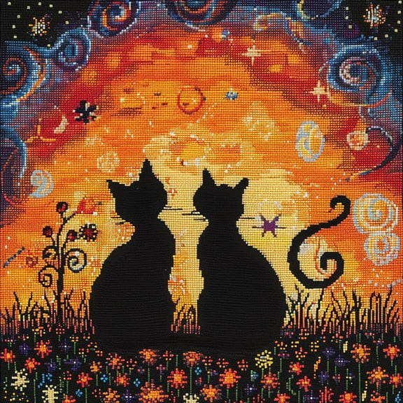 Abstract Black Cats in Love Sunset DIY 11CT Stamped Cross Stitch Kits for Beginners Easy Needlepoint Embroidery Counted Cross Stitch Art Craft for Wall Decoration 14x14inch(1)