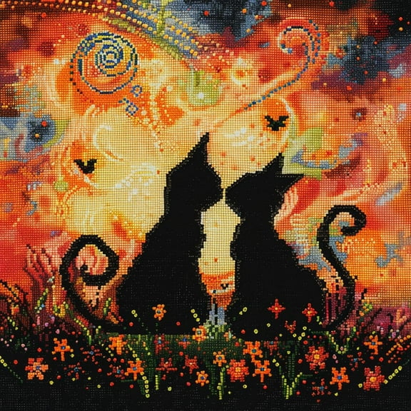 Abstract Black Cats in Love Sunset DIY 11CT Stamped Cross Stitch Kits for Beginners Easy Needlepoint Embroidery Counted Cross Stitch Art Craft for Wall Decoration 14x14inch(2)