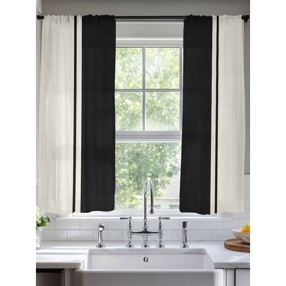 Abstract Black Color Block Sheer Curtains 63 Inches Long 2 Panels Vintage Lines Linen Texture Light Filtering Semi Sheer Window Curtains Drapes for Bedroom Living Room 52"x63"