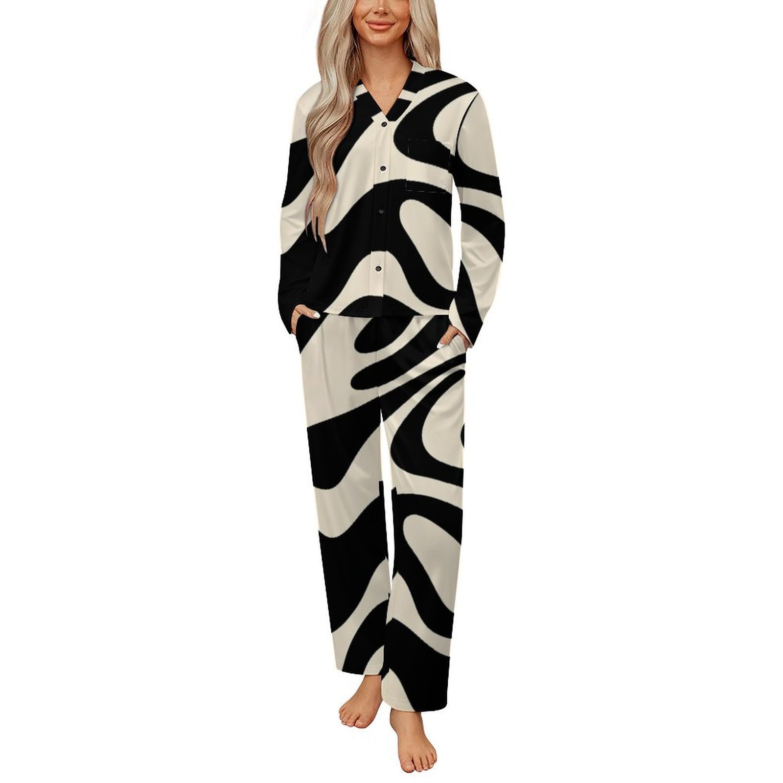 Abstract Black Cream Wavy Pattern Womens Pyjamas Set Button Up Pyjamas ...
