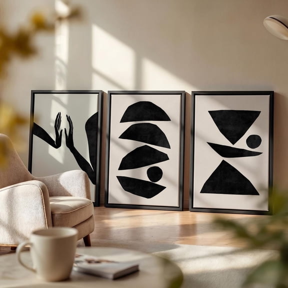 Abstract Black Forms Framed Print Minimalist Wall Art Boho Living Room Decor Set 3