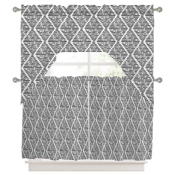 Abstract Black Geometric Swag Valance and Tier Set of 3, Argyle Stripes ...