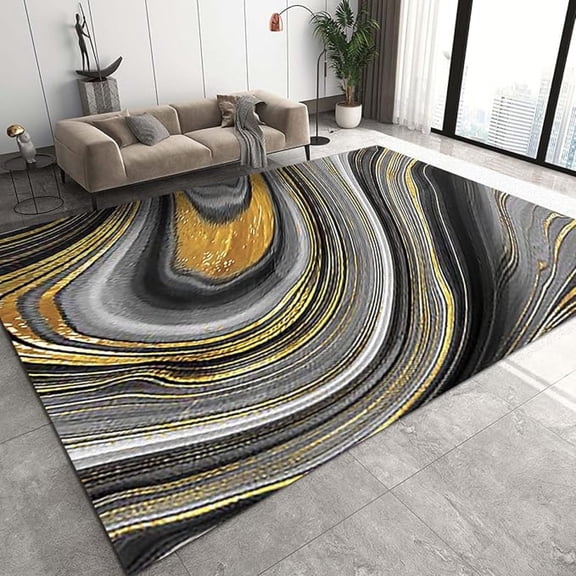 Abstract Black Gold Area Rug, Luxurious Marble Rock Texture Non Slip Print Rugs, Machine Washable Carpet For Indoor Living Room Bedroom Office Decor Mat 5x8ft