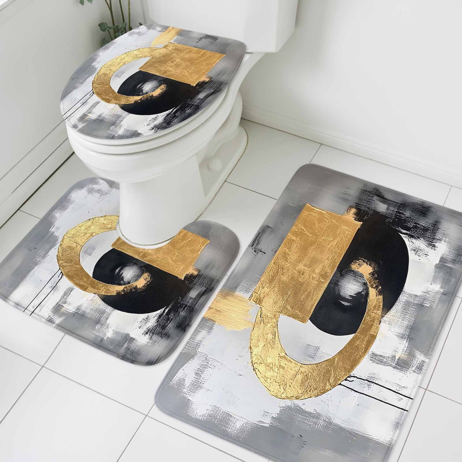 Abstract Black Gold Bathroom Rugs Set round Watercolor Non Slip ...
