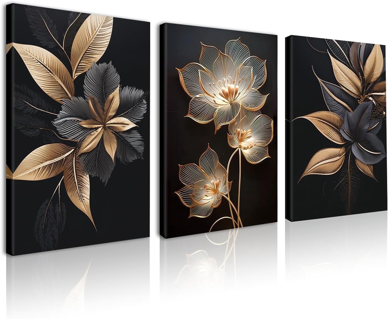 Abstract Black and Gold Canvas Wall Art 3 Pieces for Living Room ...