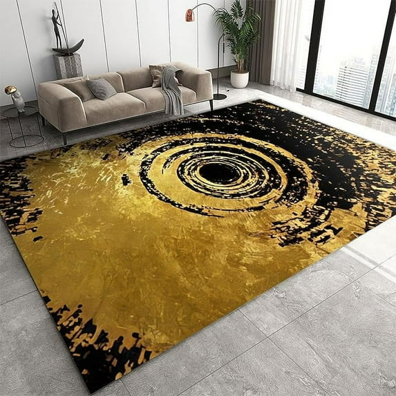 Abstract Black And Gold Circle Geometry Area Rug, Vintage Distressed Black Gold Washable Rug, Low Pile Non-Slip Easy Clean Carpet Mat For Living Room Bedroom Entryway Hallway 5' x 8'