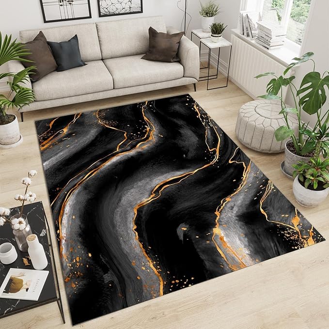 Abstract Black Gold Ink Marble Texture Area Rugs, Luxurious Geometric ...