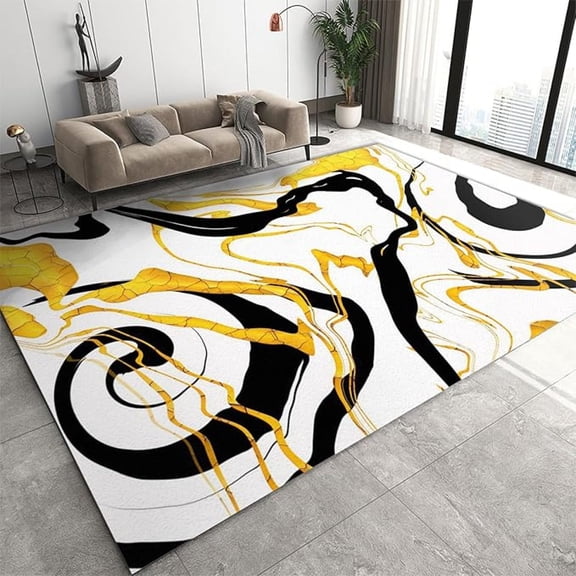Abstract Black Gold Irregular Geometry Area Rug, Nordic Simplicity Indoor Non Slip Bedroom Rug, Low Pile Fade Resistant Soft Rug For Sofa Table Under Living Room Home Floor Mat 3x4ft