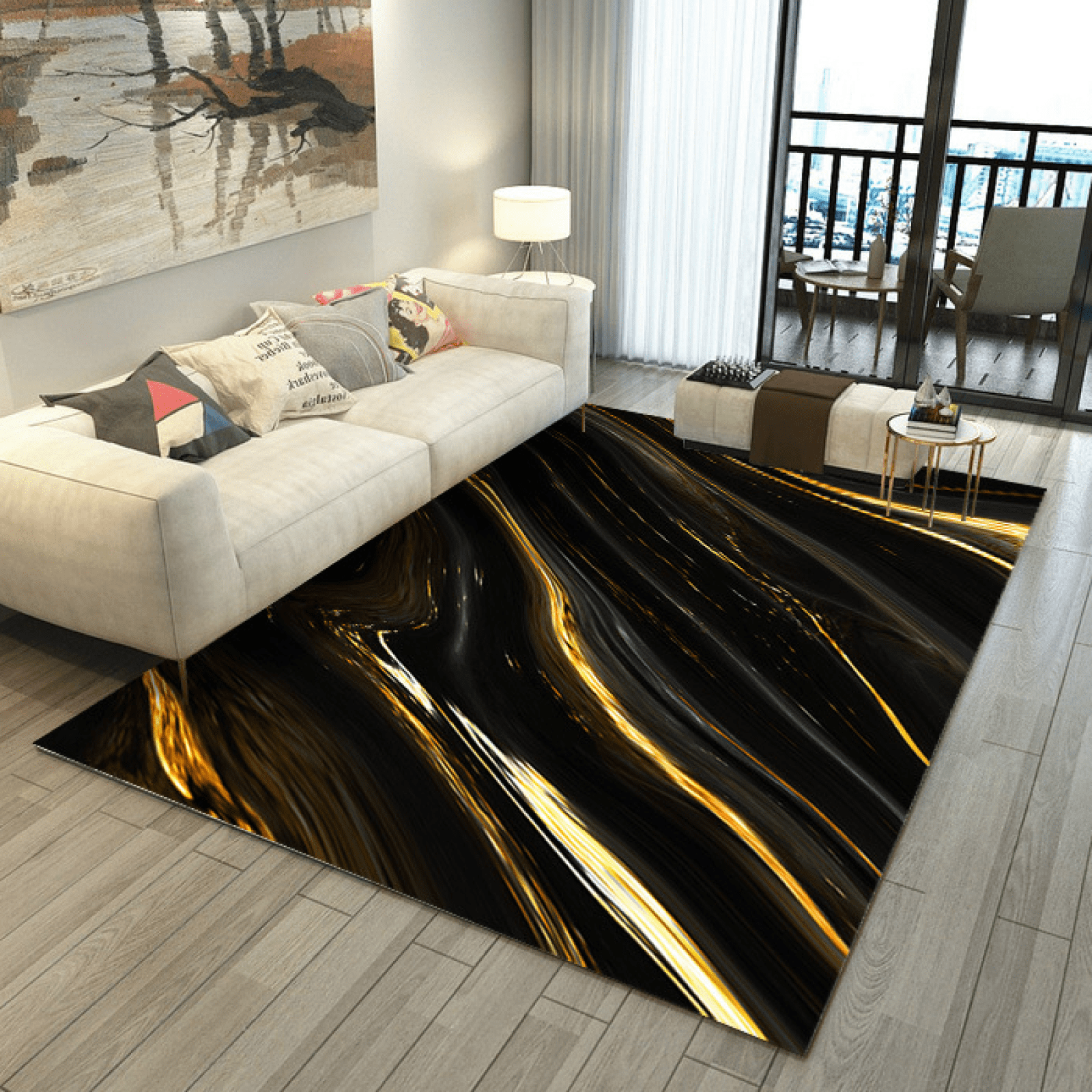 Abstract Black Gold Marble Area Rugs, Gold Line Art Soft Washable