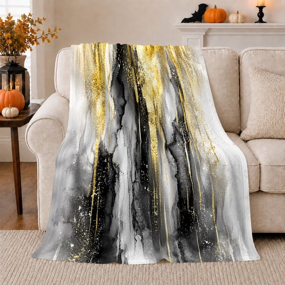 Abstract Black Gold Marble autumn celebration, Festive autumn celebration Scene, Warm Flannel Blanket for Living Room and Reading Nook, Art Lovers autumn celebration Gift, Festive Home Decor