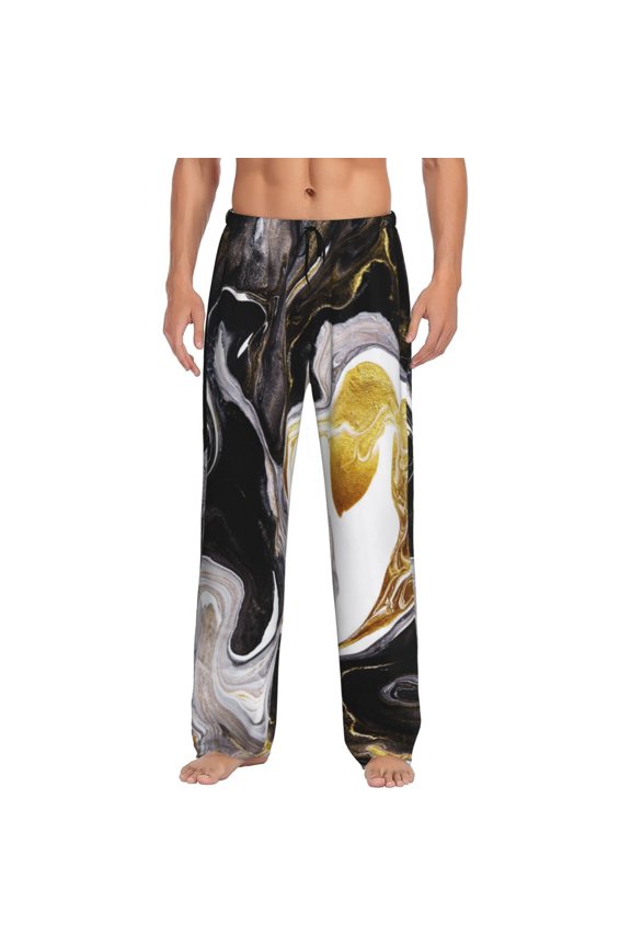 Abstract Black And Gold Swirl Liquid Ink Marble Men's Pajama Pants Soft Breathable Sleep Lounge Pants With Pockets, Elastic Waist PJS Bottoms For Nightwear & Home Medium