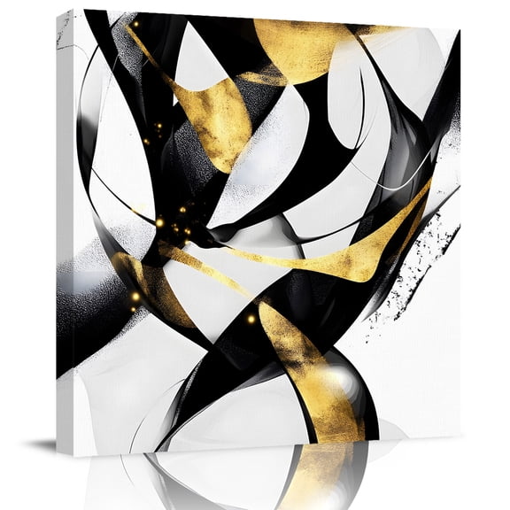 Abstract Black Gold White Lines Art Canvas Artwork Painting Art, Modern Geometric Pattern Square Framed Wall Decorations Prints Picture for Bedroom Kitchen Living Room, 16x16 in