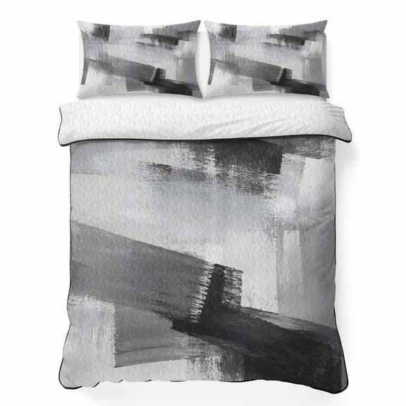 Abstract Black Gray King Quilt Bedding Set, Minimalist Broad Brushstroke Ink Splash Lightweight Comforter with 2 Pillow Shams Bedroom Bedspread Set Home Decor for All Seasons