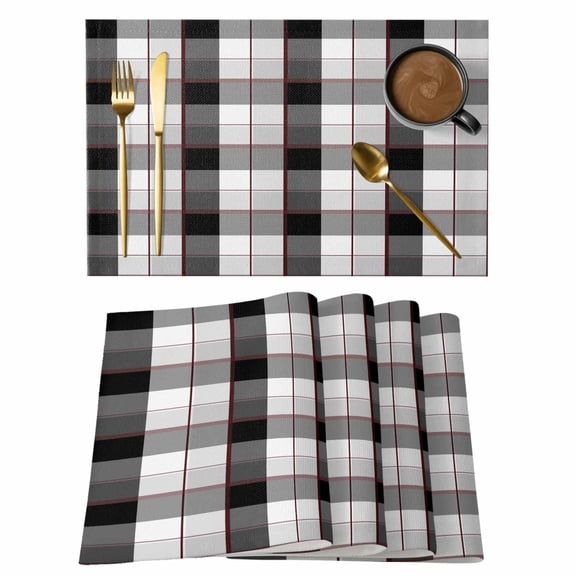 Abstract Black Gray White Checker Placemats Set of 6,Wipeable Washable Table Mats for Dining Tables, Modern Retro Buffalo Plaid Place Mats for Kitchen Event Party Tabletop Decor