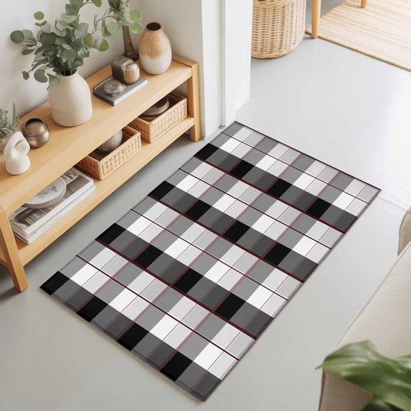 Abstract Black Gray White Checker Rectangle Rug 2'x3' Modern Retro Buffalo Plaid Washable Area Rugs for Living Room Bedroom Entryway Non Slip Entrance Door Mat Indoor Floor Carpet