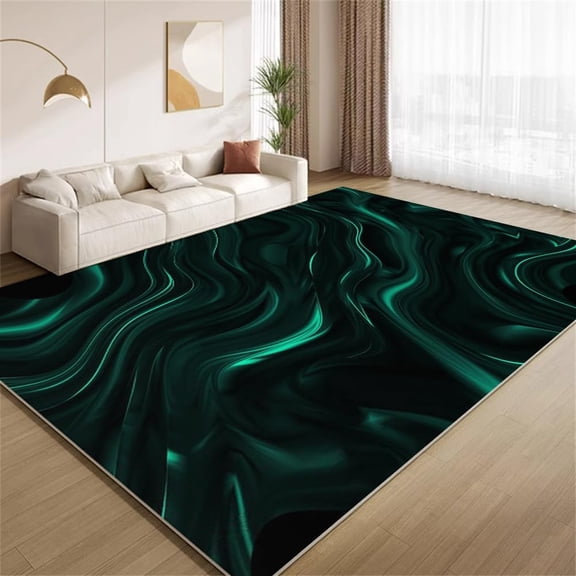 Abstract Black Green Area Rugs, Emerald Wave Texture Design Carpet, Non Slip Low Pile Washable Indoor Rug for Living Room Bedroom Farmhouse Apartment Home Decor Mat 2x3ft