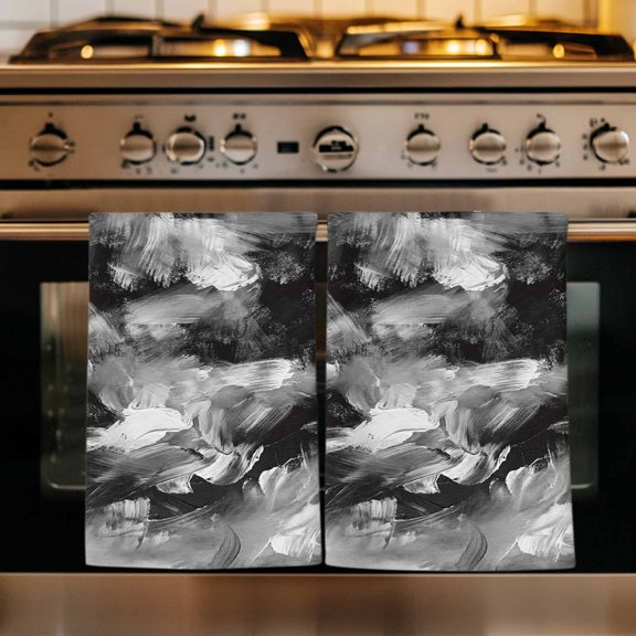 Abstract Black Grey Kitchen Towels Set of 1, Vintage Shabby Geometric Textured Absorbent Dish Towels for Kitchen, Microfiber Hand Towel, Quick Drying Tea Towel for Cleaning Decorative Dishcloths