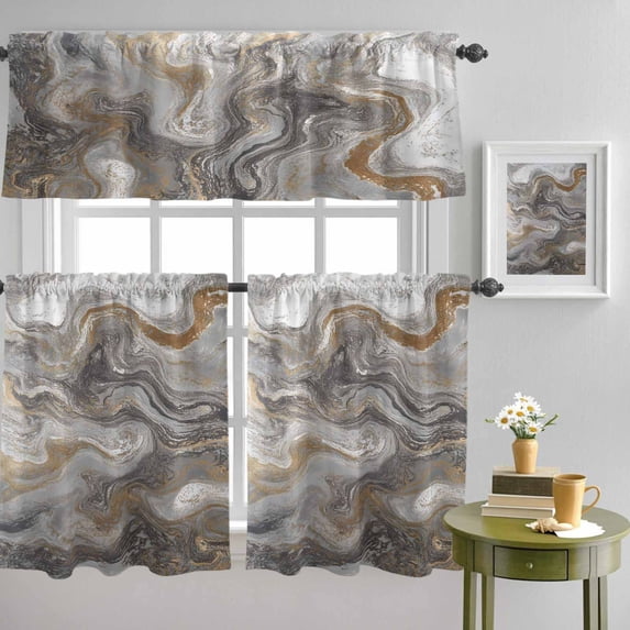 Abstract Black Grey Marble Texture Curtain Tier and Valance Set 3 Piece, Modern Fluid Art 3-inch Rod Pocket Window Tier Curtains Valance for Kitchen Living Room