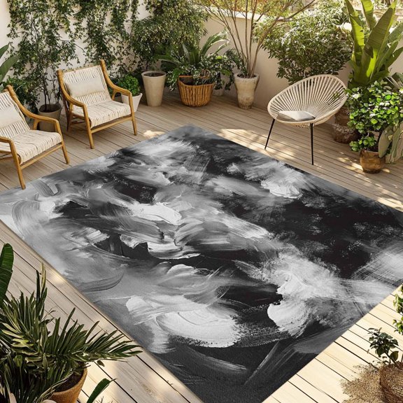 Abstract Black Grey Outdoor Rug for Patio/Deck/Porch, Non-Slip Large Area Rug 5 x 8 Ft, Vintage Shabby Geometric Textured Indoor Outdoor Rugs Washable Area Rugs, Reversible Camping Rug Carpet Runner