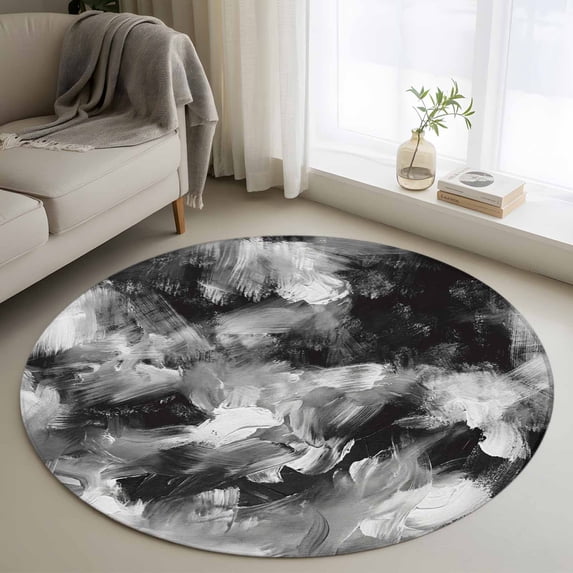 Abstract Black Grey Round Area Rug 4Ft Washable Circle Rugs for Bedroom Dining Room, Vintage Shabby Geometric Textured Non-Slip Carpet Floor Mats Indoor Outdoor Carpet Runner Aesthetic Home Decor