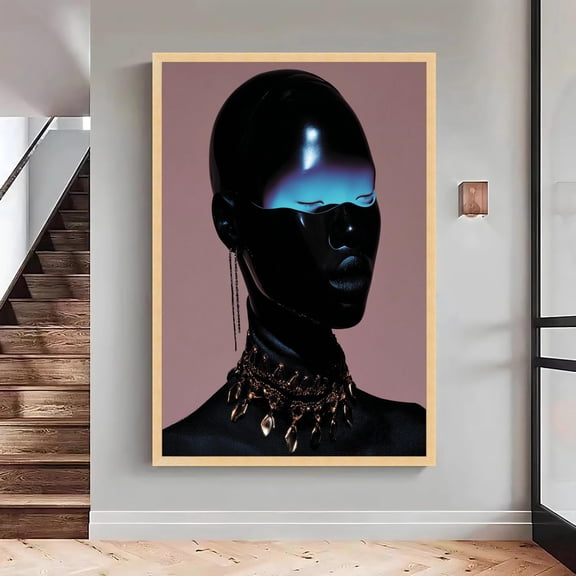 Abstract Black Head Sculpture, Neon Blue Light, Edgy, Large, Oversized Poster, Poster Only